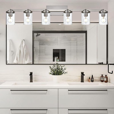 6-Light Directional Track Lighting Kit With Clear Glass Shades, Brushed Nickel Flexibly Rotatable Ceiling & Wall Spotlight For Bathroom Vanity Kitchen Living Room
