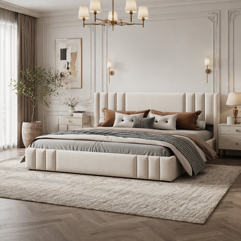 Très grand lit plateforme tapissier avec tête de lit à oreilles et pied de lit rembourré, gris, King, Gray