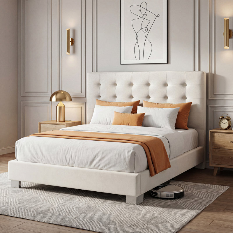 Luxury Tufted Velvet Upholstered Platform Bed Frame - Queen Size, Queen