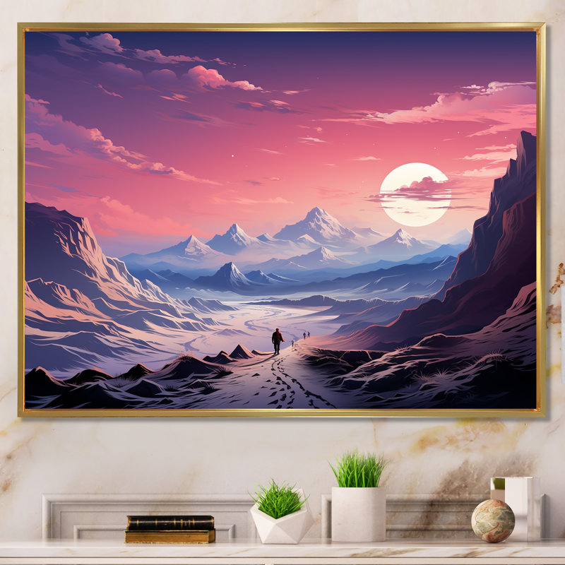 «Space Desert Dreamscape Roseat Sky II», art mural paysages spatiaux, Cadre flottant doré, H 12 po x l 20 po x P 1 po