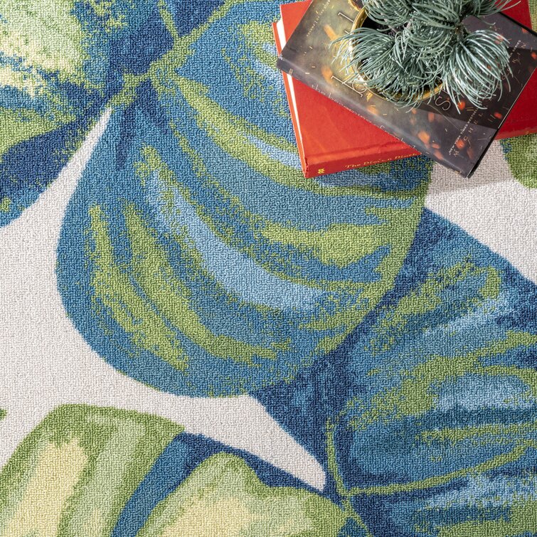 Outdoor/Indoor Leaf Block Teal/Citron Over-Sized Rectangular Throw