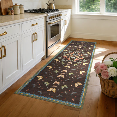 Tapis de couloir à motif papillon lavable 2 x 6 avec envers TPR antidérapant et tapis à profil bas résistant aux taches pour la cuisine