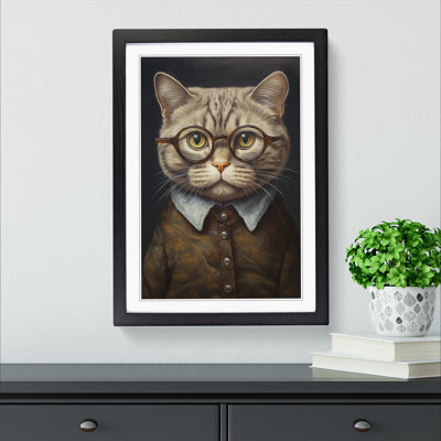 Cat With Glasses Painting - Single Picture Frame Print on Wood