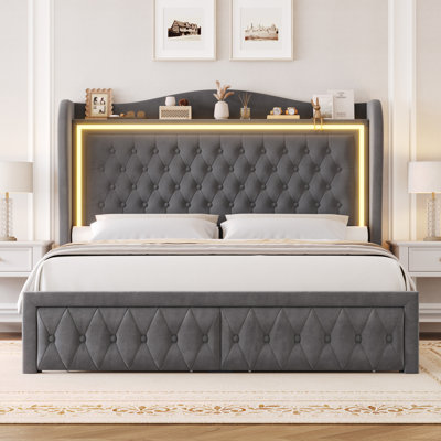 Lit plateforme Kaliya en velours, recouvert de velours, avec 2 tiroirs de rangement et tête de lit de 138 cm (54,3 po), éclairage DEL intégré, sans sommier, gris.