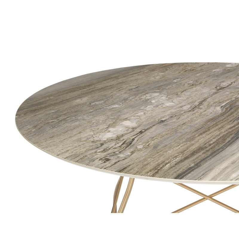 Glossy Round Dining Table, Black Marble, Gold, 50.39" W x 50.39" L