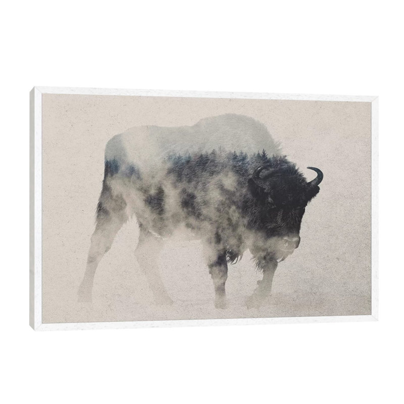 Bison In The Fog by Andreas Lie - Print on Canvas, 66.04 cm H x 45.72 cm W, White Floater Framed