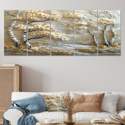 «Blossoming Birch Trees Quiet Silver River - Tree Birch», art mural sur toile 5 pièces