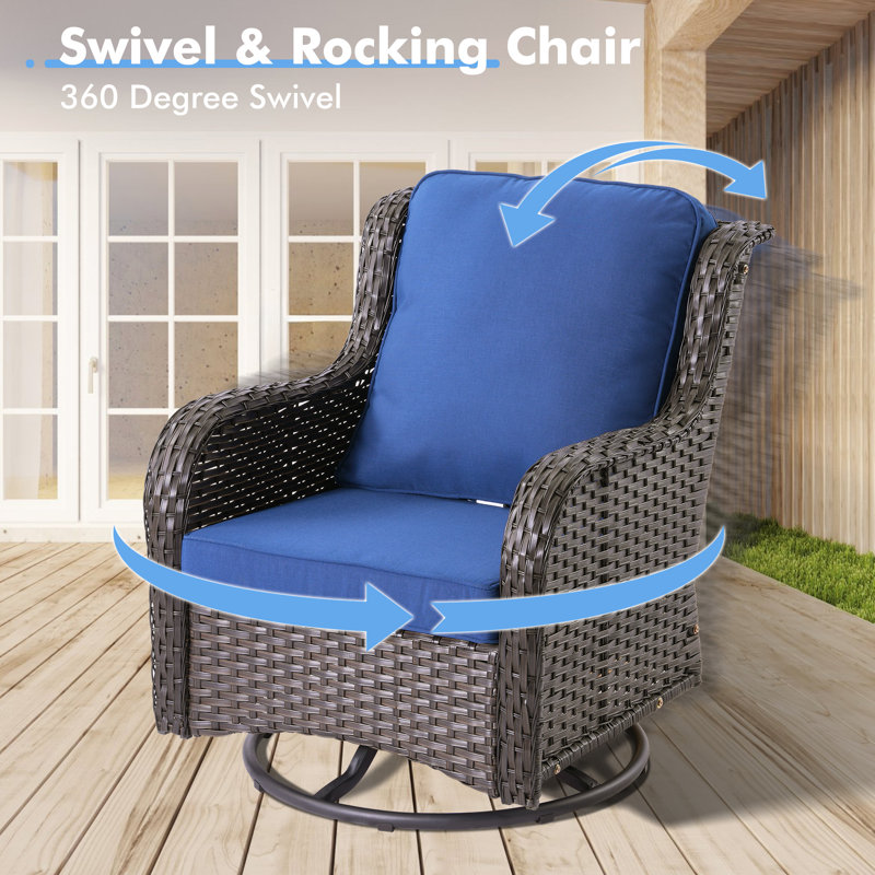 Amerissa 3 Piece Outdoor Swivel Chair, Rocking Patio Set With Cushions, Navy Cushion/Brown Frame
