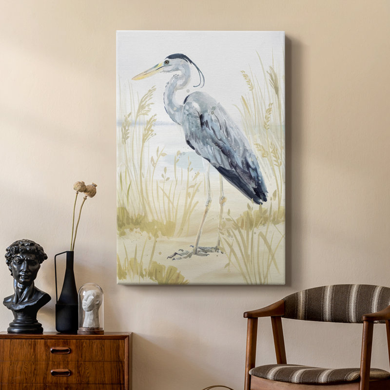 Héron sur la côte II - galerie sur mesure Cavas, H 48 po x l 32 po