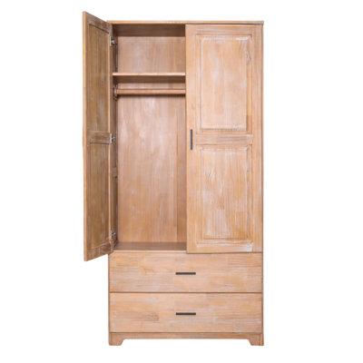 Armoire en bois massif avec 2 tiroirs en blanc délavé