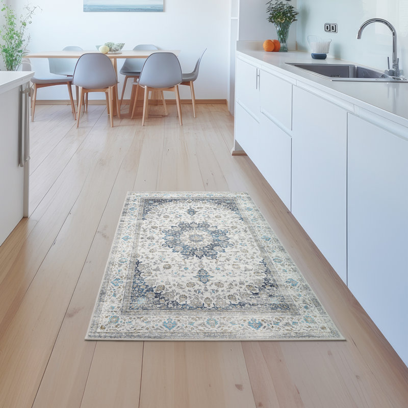 Vespera Medallion Silver Machine Washable Non-Slip Stain-Resistant Traditional Bedroom Kitchen Entryway Area Rug - 3'x5'