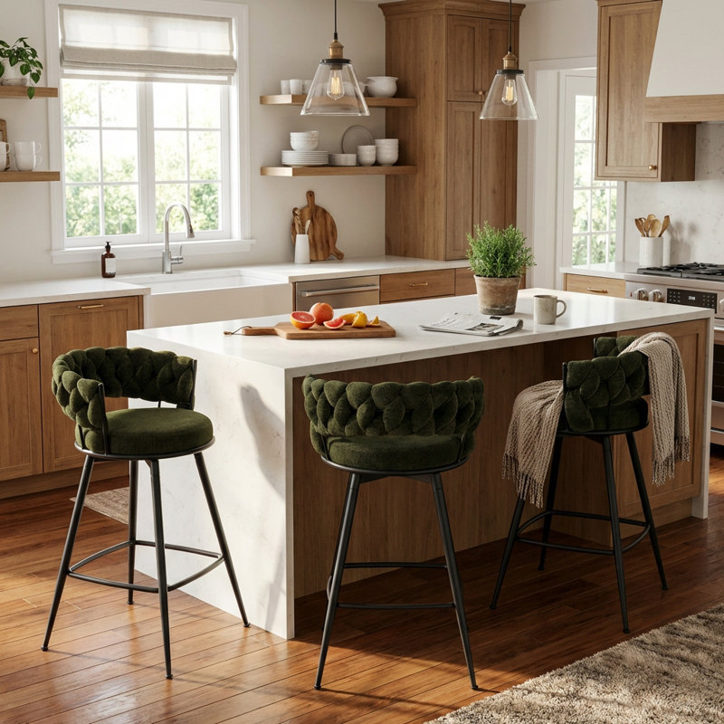 Modern Green Upholstered Bar Stool With Woven Look Backrest & Fixed Black Metal Frame Stable Counter Height Stool For Kitchen Breakfast Bar Or Cafe, Set Of 3