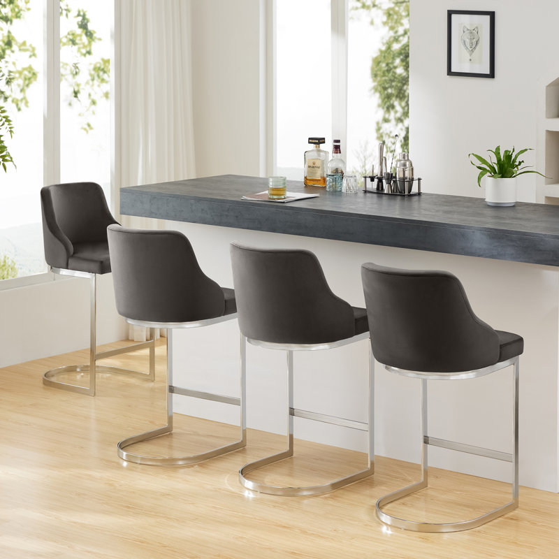 26-Inch Velvet Grey Upholstered Bar Stool with Metal Frame