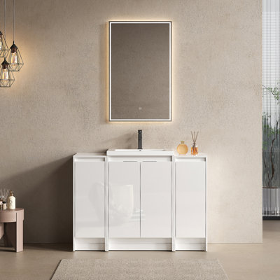 Meuble-lavabo autoportant 48 po avec lavabo en résine et 2 armoires de rangement, portes à fermeture en douceur, blanc brillant, contreplaqué (emballage KD)