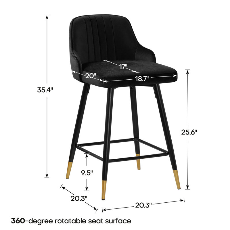 Swivel Velvet Upholstered Counter & Bar Stool, Black, Counter Stool (25.6" Seat Height)
