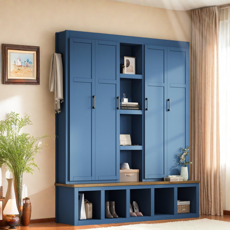 Farmhouse 4-in-1 Hall Tree With Hanging Hooks, Open Compartments, Wood-grain Bench And Shoe Cabinets, Blue