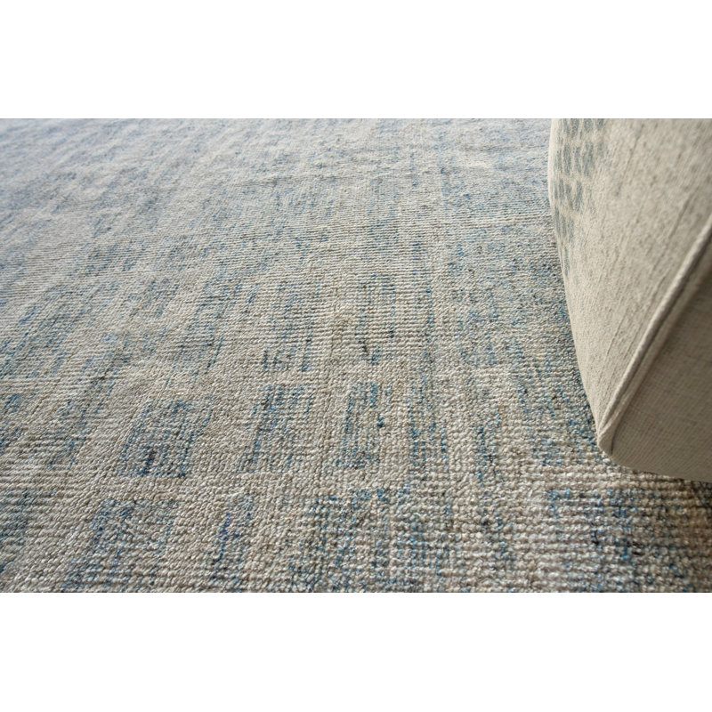 Aldridge Geometric Hand-Knotted Light Blue Area Rug, Rectangle 9' x 12'