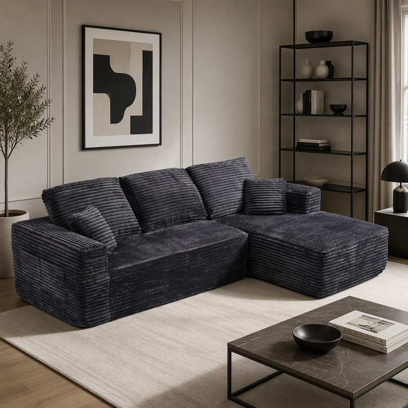 Canapé modulaire 100,39 pouces avec méridienne en forme de R et assise profonde, Right Hand Facing, Grey Fabric
