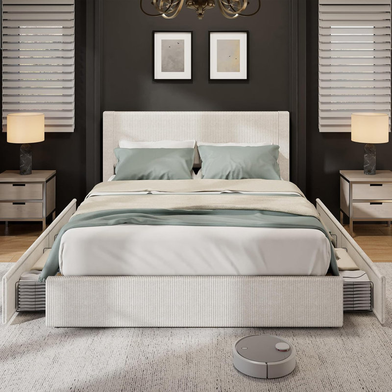 Upholstered Channel Tufted Wingback Headboard Bed Frame with Strong Wooden Slat Support, Full