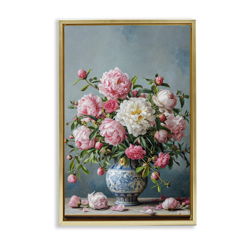 Toile flottante avec pivoines par Roozbeh Bahramali, H 31 po x l 21 po, Cadre flottant métallique doré