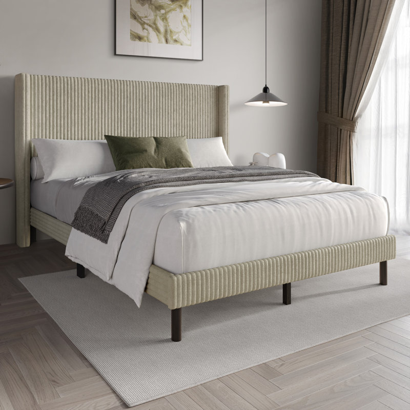 Duluth Upholstered Wingback Platform Bed, Beige, Full