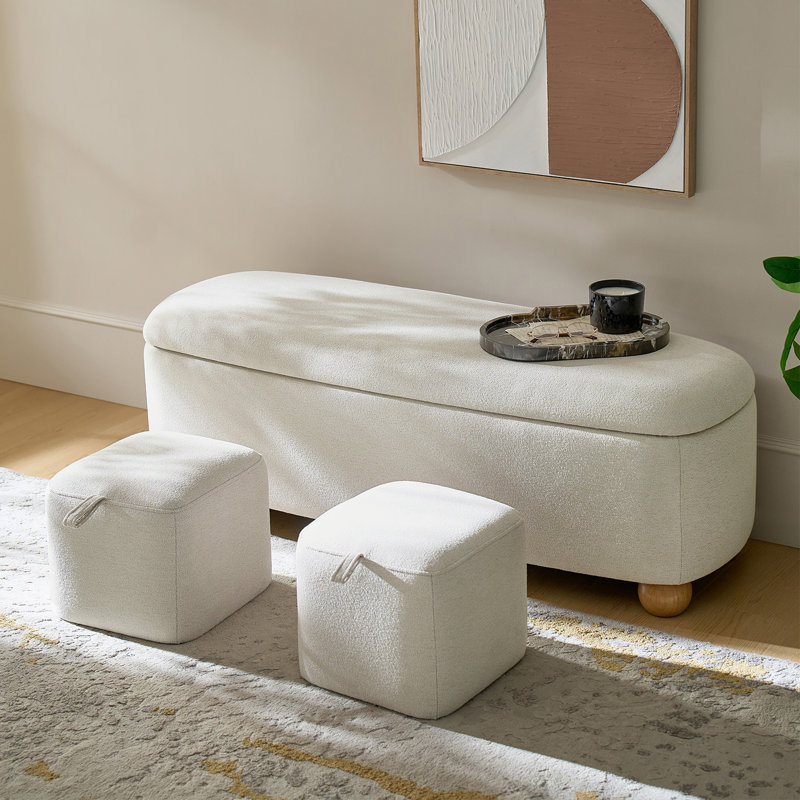 Darioush Polyester Storage Bench with Solid Wood Legs, Ivory
