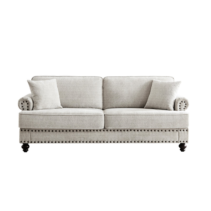 White Chenille Modern Sofas With And Nails, 2 Seater For Living Space Armrest Nails Soft Fabric