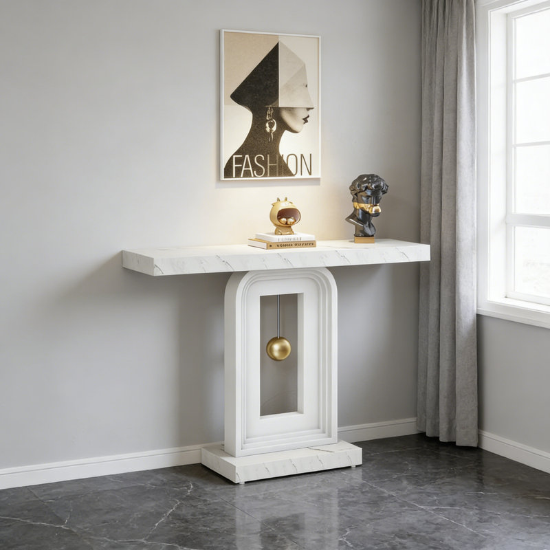 Console moderne 39,4 ", canapé en faux marbre blanc avec base géométrique dorée