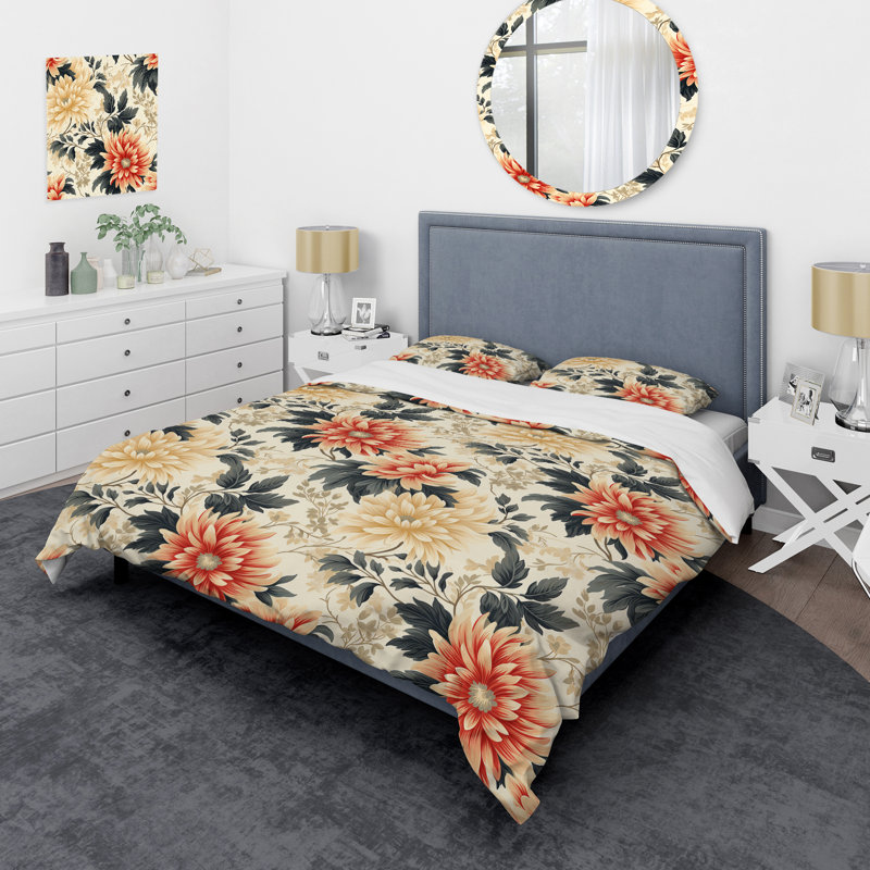 Ensemble de housse de couette vintage vert et beige Dahlia, Housse de couette simple + 1 taie décorative stan