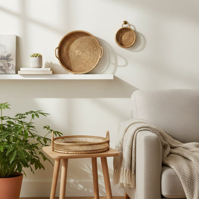 Ensemble de 3 plateaux ronds en bambou avec poignées, plat de service ou de présentation décoratif tissé brun