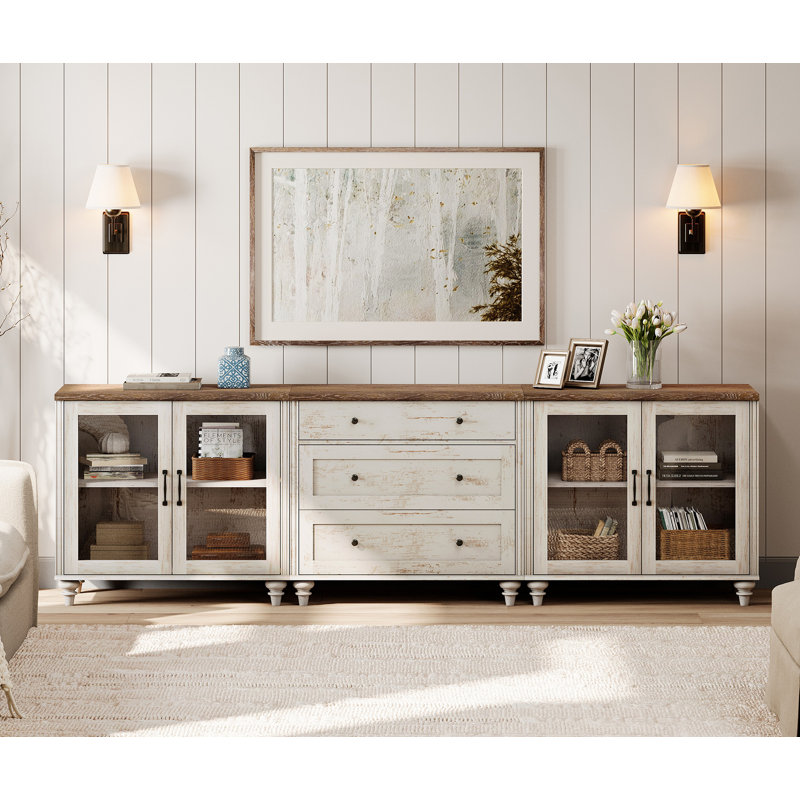 Meuble télé 3 en 1 Scarlett pour téléviseur de 85 po ou moins, Blanc rustique / brun