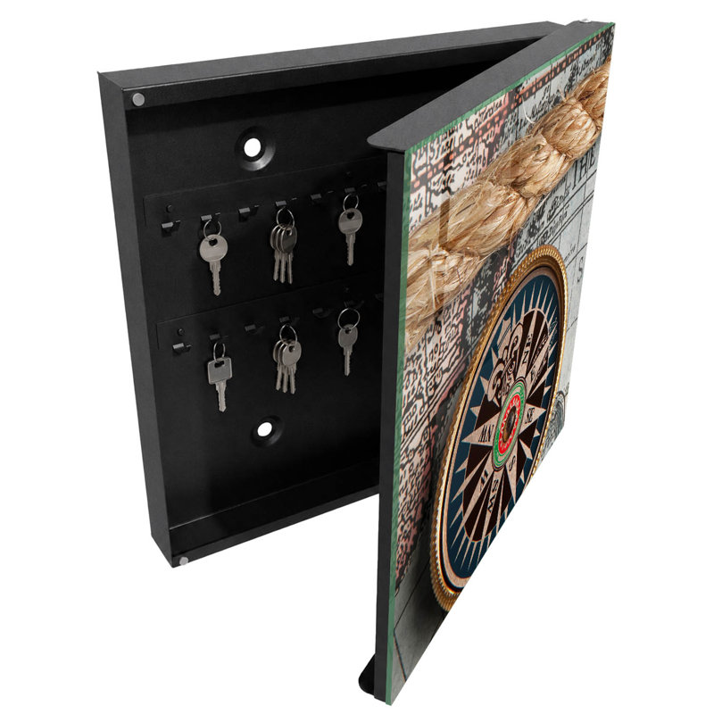 Key cabinet for wall, Opens to the right, 30x30x5, Black, Old map and retro compass, 