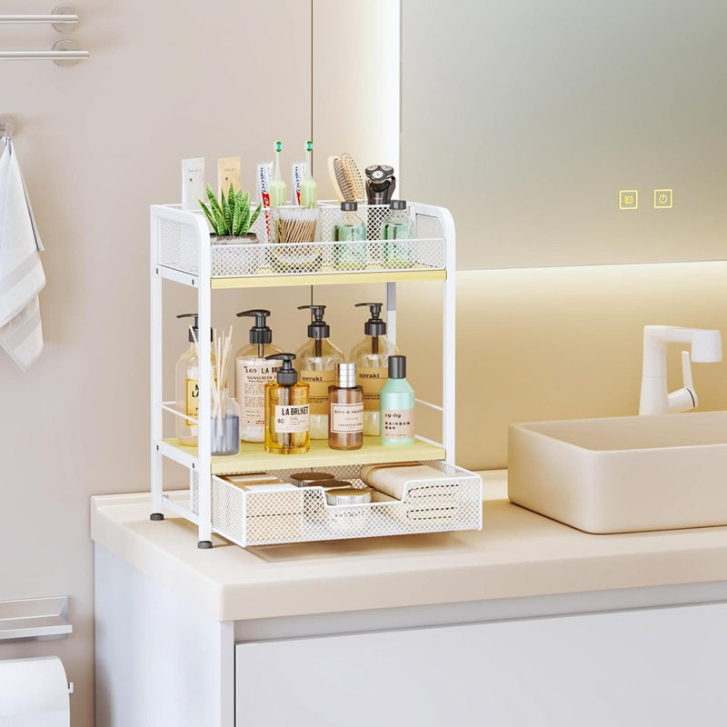 Organisateur de maquillage avec tiroir - Rangement de meuble-lavabo à 3 niveaux pour cosmétiques, soins de la peau, brosses, parfums et produits de beauté - Vitrine de comptoir peu encombrante avec cloisons