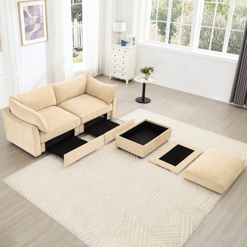 Chenille 2 de couleur blé avec accoudoirs en forme de croissant, enveloppant, tabouret de rangement à pieds avec tiroirs de rangement, coussins de dossier et d'accoudoirs en forme de croissant, tissu, espaces cachés