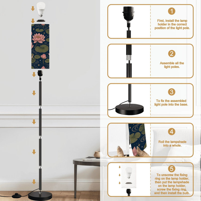 Lampe sur pied avec fleurs de lotus, grenouilles, nénuphars roses, feuilles vertes, étang rétro, lampe sur pied à intensité variable avec télécommande