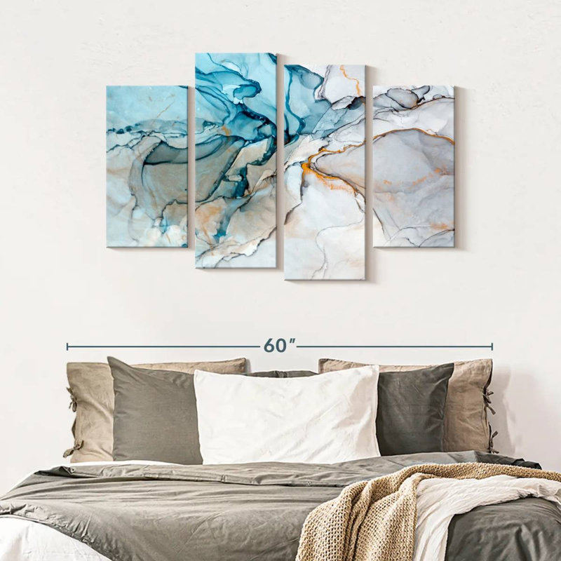 Abstract Blue Liquid Marble Abstract Wall Art On Canvas 4 Pieces Print, 52" H x 32" W x 1.25" D