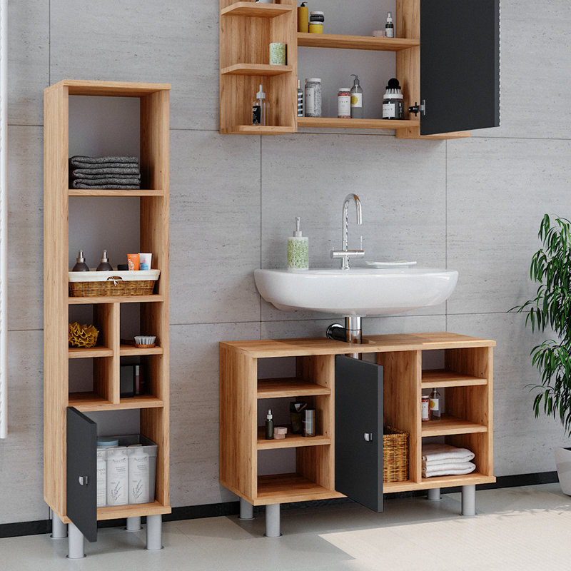 80Cm W x 64Cm H x 21Cm D Bathroom Storage Furniture Set, Brown/Grey