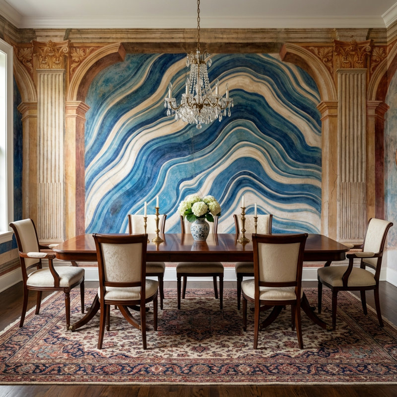Papier peint géométrique, décoration murale rétro bleue, 140 po x 108 po, Non tissé