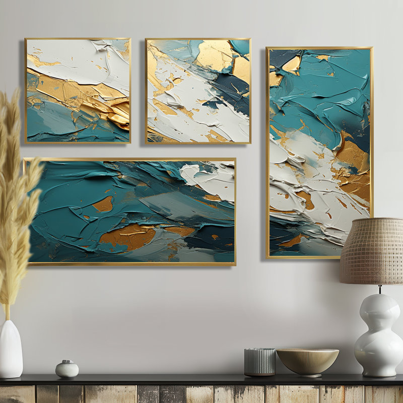 Serenity Sunset in Teal and White I - Large Abstract Shape Canvas Art mural 4 pièces, Impression encadrée sans passe-partout