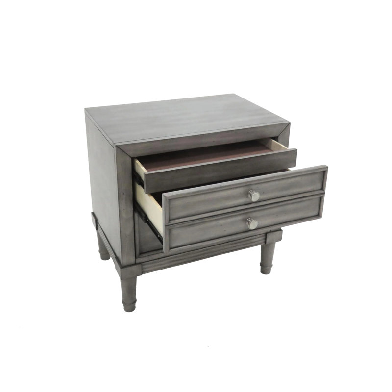 Table de chevet de style transitionnel gris moderne, bois massif, 2 tiroirs, plateau doublé de feutre, l 23,5 po x P 16 po H 24 po, 1 pièce pour table de chevet au fini contemporain, poignées rondes en nickel,