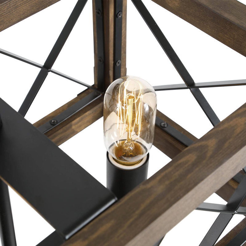 Holbert 5 - Light Rectangle Wood Metal Pendant Light Farmhouse Kitchen Island Chandelier, Brown/Light Oak