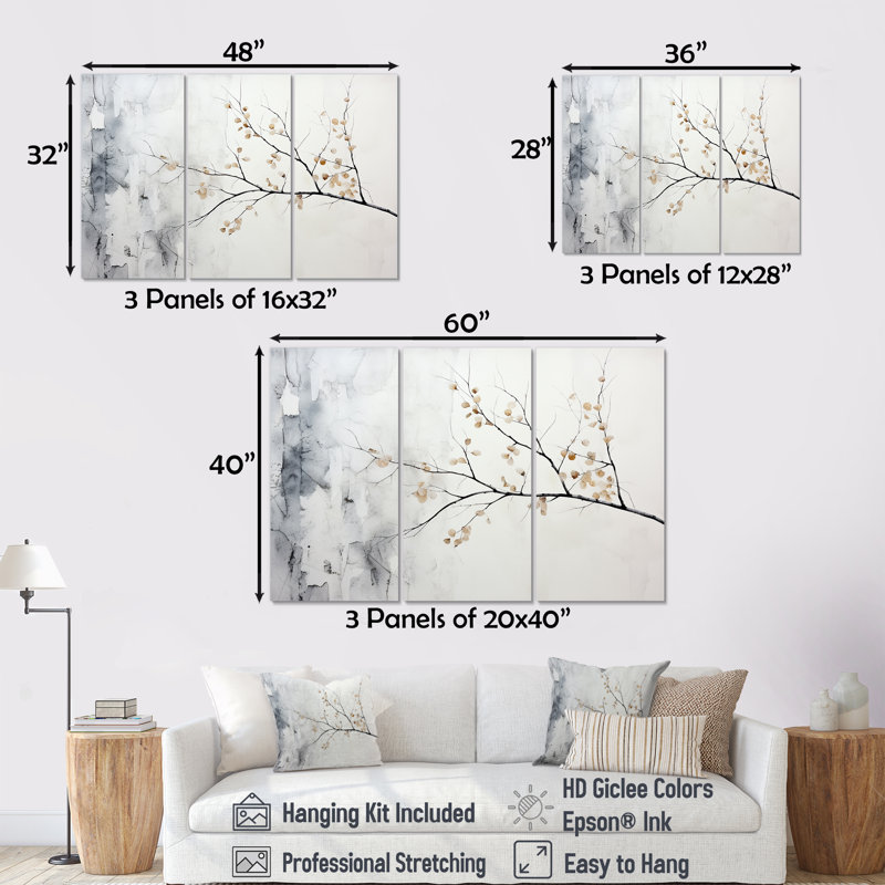 Ensemble de décoration murale gris bouleau I - arbre bouleau gris, H 32 po x l 48 po x P 1 po