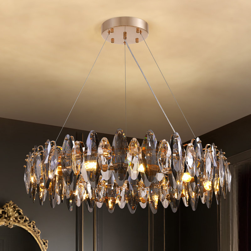 Lustre tambour en métal et cristal 12 lumières Friedhardt, H 7,09 po x l 31,5 po x P 31,5 po