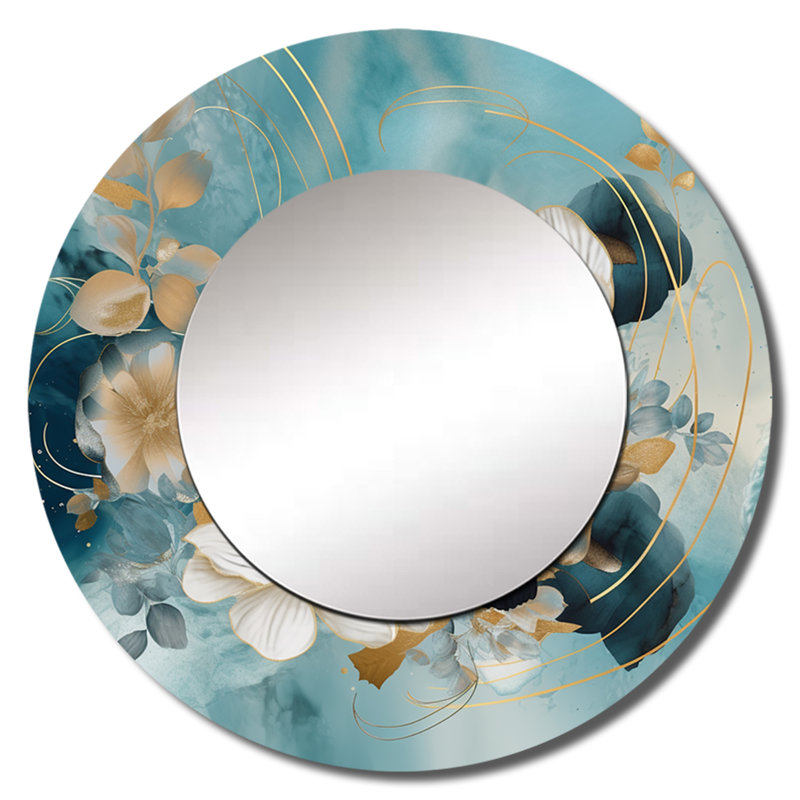 Radee Blue Marble Gold Floral Impressions IV - grand miroir floral, décor de miroir mural rond bleu unique, impression d'art en métal