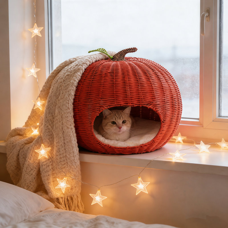 Lit-grotte pour chat en osier en forme de pomme en osier - nid de chat d'intérieur semi-fermé tissé à la main toutes saisons