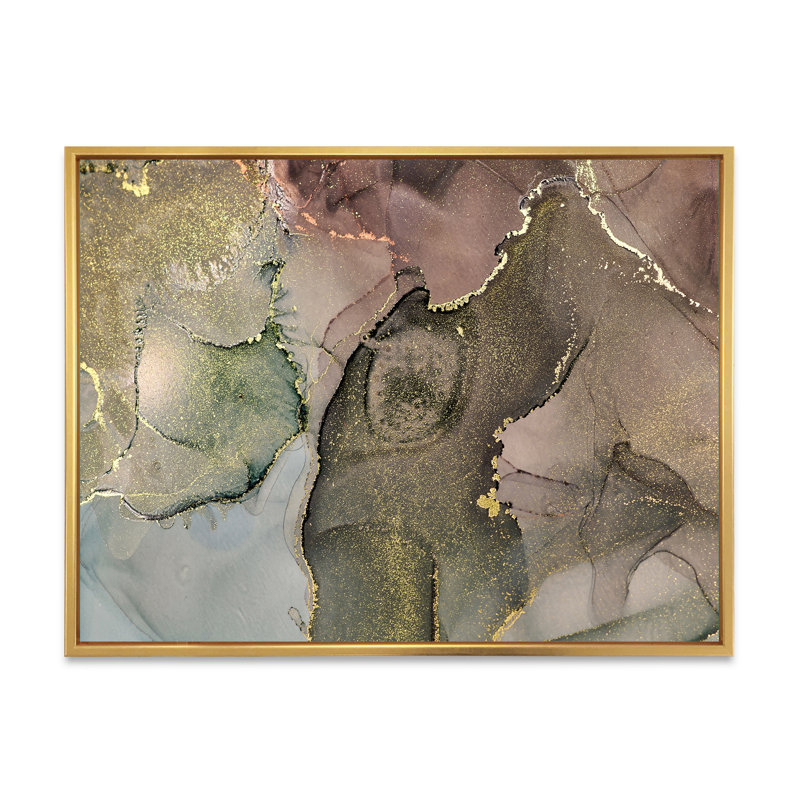 «Gray and Green Liquide Art I», reproduction sur toile, H 34 po x l 44 po x P 1,5 po, Cadre flottant doré