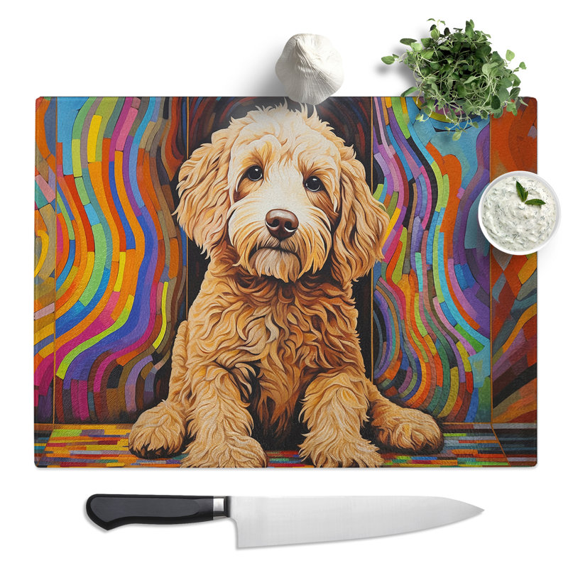 Labradoodle Op Art  Glass Chopping Board