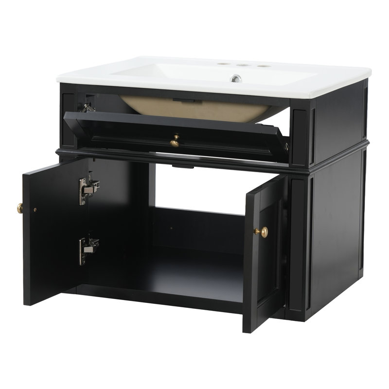 Meuble-lavabo mural de 61 cm (24 po) avec lavabo en céramique, armoire à 2 portes avec tiroir basculant, charnières à fermeture amortie et dos ouvert, noir