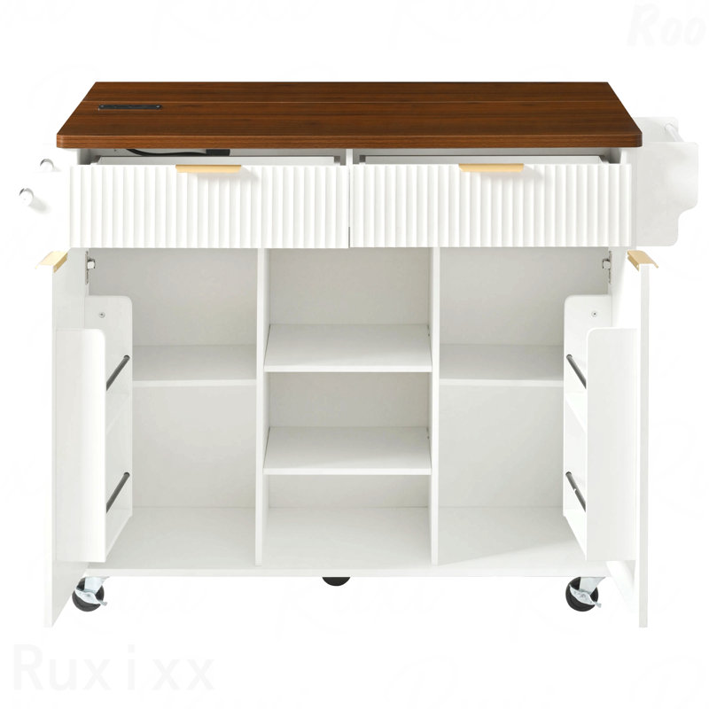 52" Fluted Kitchen Island With Drop Leaf, Power Outlet,  Kitchen Storage Cart With Adjustable Shelves, 2 Doors And 2 Drawers, Rolling Island Table With Walnut Color Top For Kitchen