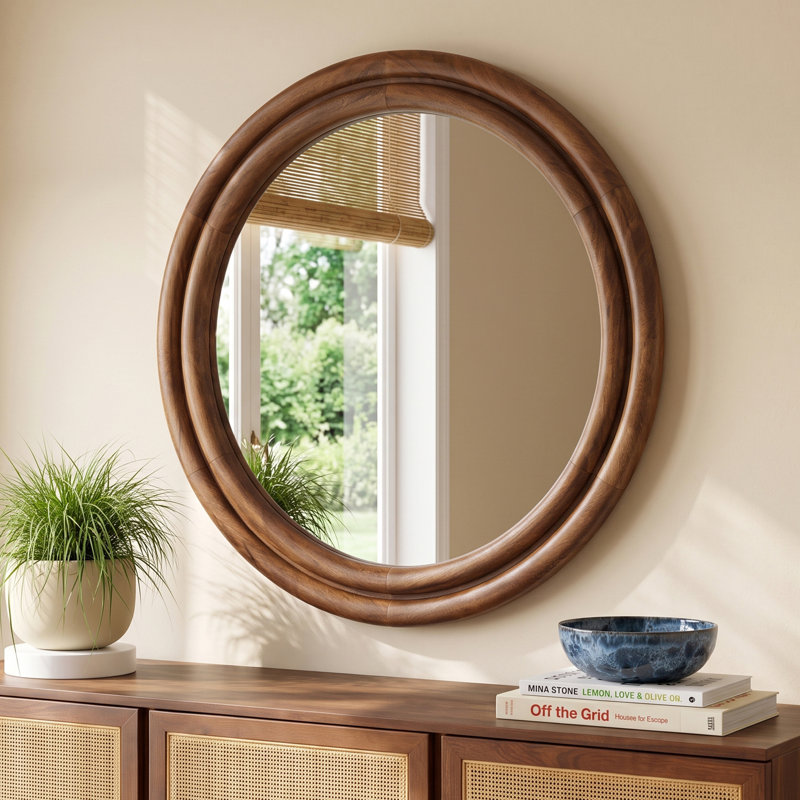Larina Solid Wood Round Mirror, Brown